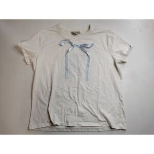 Wild Indigo Womens Cream Short Sleeve T-Shirt Light Blue Satin Bow‎ Coquette S